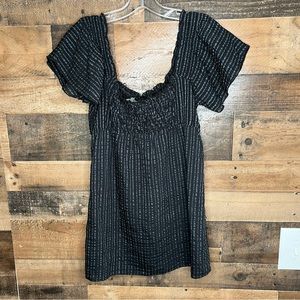 Buckle Daytrip Off Shoulder Babydoll Top Blouse Large Black Gray Striped Stretch